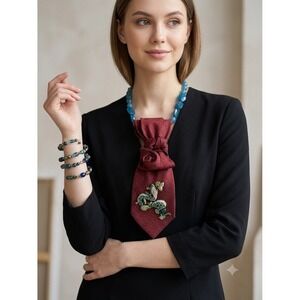 Daniel De Fasson Silk Tie Necklace Rhinestone Snake Brooch & Wrap Bracelet Set